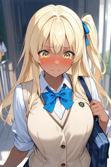 dark skin girl,blond long hair,one side up,yellow eyes,  hair,school bag,beige vest,blue ribbon, embarrassed, tear up,indoor