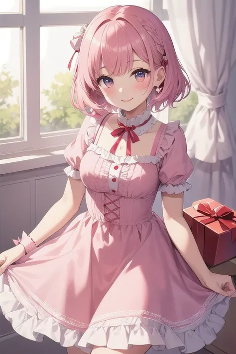 Top quality, high resolution, detailed, beautiful picture quality, one girl, cute pale pink dress with frills, short hair, smiling face, big red ribbon in hair, lolicon feeling, little sister, cute design with pink as main color, overall sweet and dreamy a...