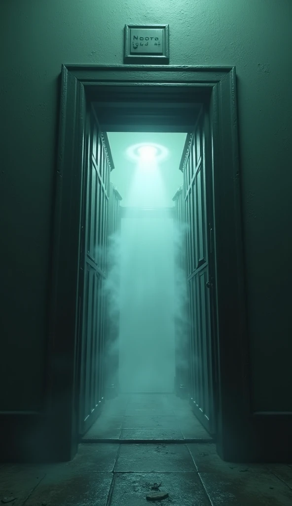 An elevator with the doors open ,  but inside it there is only an infinite void,  as if it were taking to another dimension .  The environment is scary and surreal .

