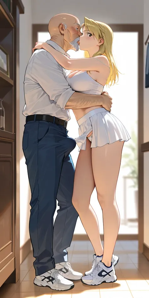 Masterpiece, old man, tall and big, bald, bare chest, force kiss, short pants, penis protruding in pants, skirts pulled up, standing beside, elegant mature woman, riza hawkeye, long hair, surprised, tall body, spaghetti strap top, tennis mini skirt, white ...