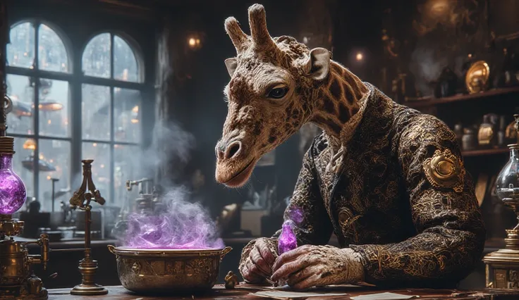 In a dimly lit Victorian laboratory, a towering giraffe-headed alchemist, with a body of a poised and refined Victorian gentleman, bends over a steaming pot of glowing liquid. His long neck, adorned with detailed brass rings and gears, stretches toward the...