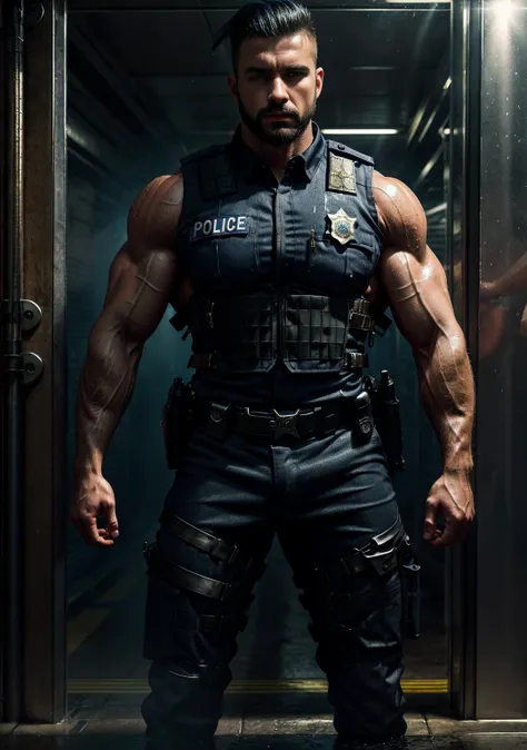 An ultra-realistic, cinematic masterpiece featuring two exceptionally muscular and powerful male police officers with intense, masculine energy. The primary officer has a strikingly chiseled face with a strong jawline, a wavy short black mohawk, aviator su...