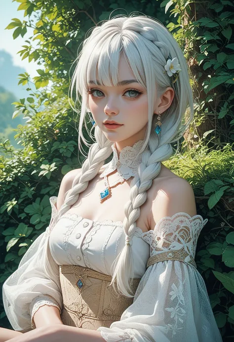 Ash white hair , bangs , braids