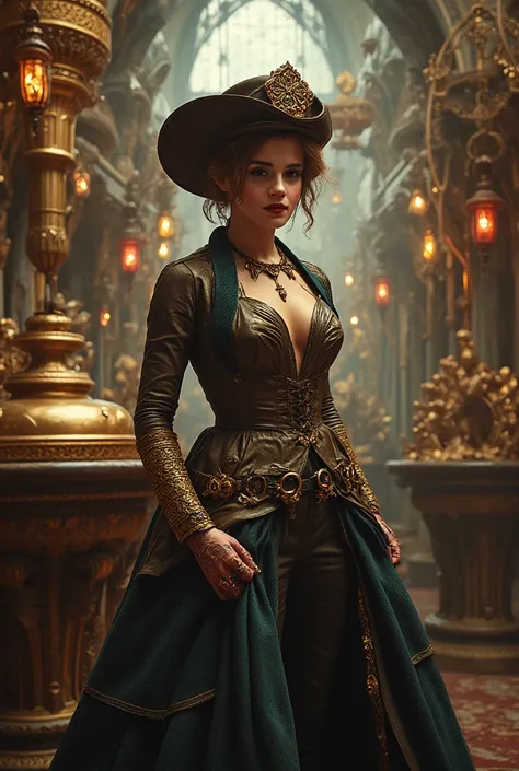  Create a mesmerizing image of a pin-up steampunk engineer wearing a Victorian-inspired costume, surrounded by rotating gears and atmospheric vapor .  emphasizing intricate details such as brass accessories and extravagant inventions ,  while capturing the...