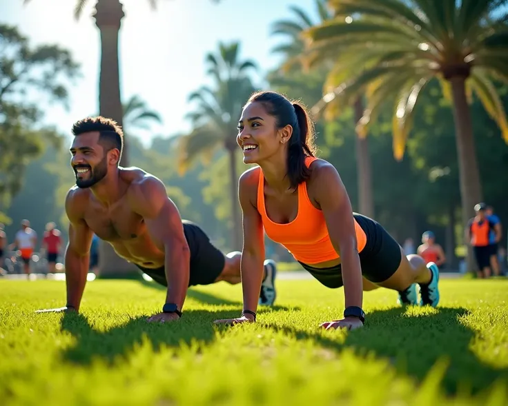 Create a vibrant and motivational poster featuring a man and a woman training together in a sunny park. Both individuals are in excellent physical condition, smiling, and enjoying their workout. The man is doing push-ups while the woman is doing lunges, bo...