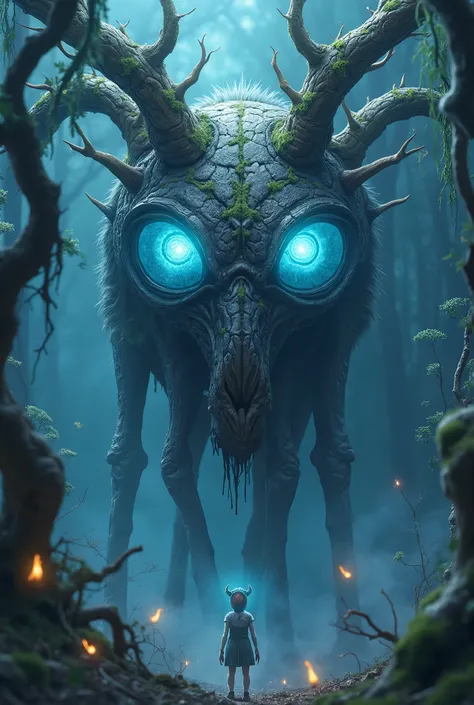 An ultra-high-definition 8K depiction of a terrifying yet divine interpretation of the legendary Shishigami from 'Princess Mononoke.' This grotesque yet majestic forest deity possesses unnaturally large, bulging eyes that glow with an eerie, bioluminescent...