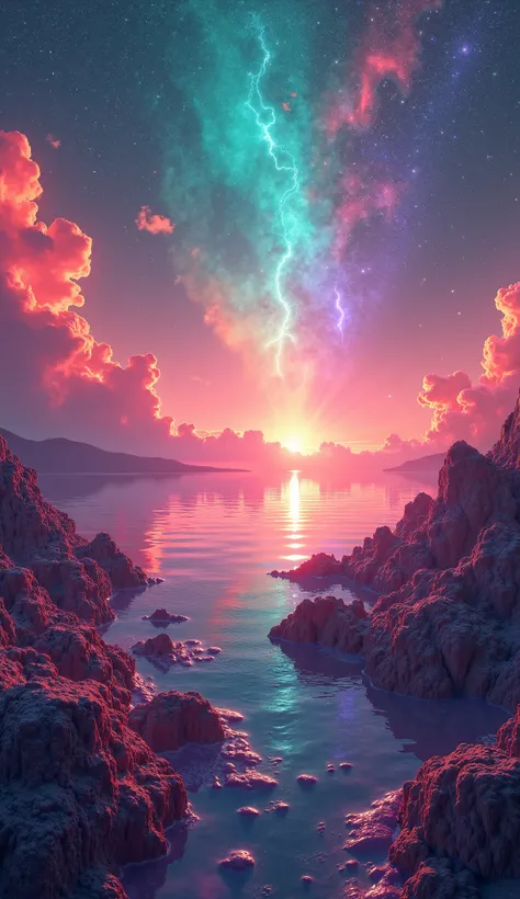 A surreal landscape where different parts of the sky glow in different colors, illustrating light scattering.