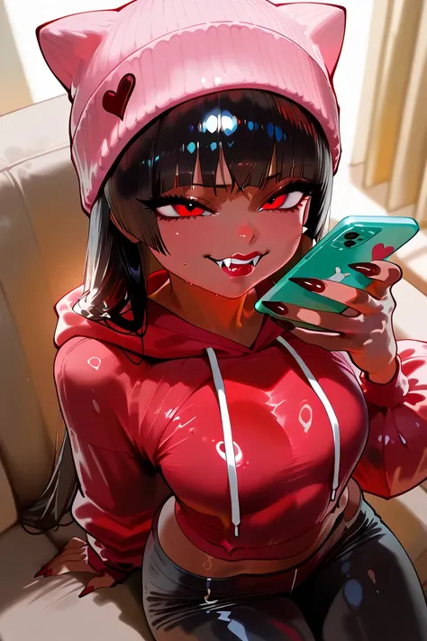 OC, female, semi realism, light blush, red lips, black eyebrows, perfect face, short wavy light silky black hair with bang,  half-closed Bright red eyes, ((black eye shadow)), ((blue baggy hoodie)),evil smirk, glamorous, sweet aesthetic, (puffy long sleeve...