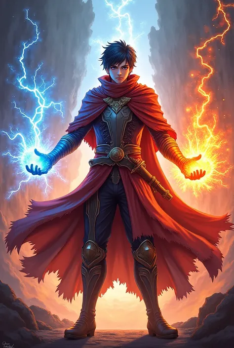 The hero wears a cool cloak and carries a sword by his waist, and the other hand casts electric magic, and the other hand casts fire magic in an anime style.