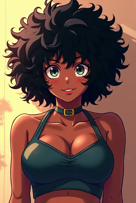 Jeune fille de 16 and "my hero academia" Artstyle of frizzy black hair , very dark skin and a huge chest