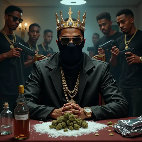 A skinny young adult male King, wearing a balaclava covering his face, black sunglasses and a gold crown with diamonds sparkles, shining too much the brightest, the crown on the head of thd king and the king sitting in a chair in a hip hop house full of 20...