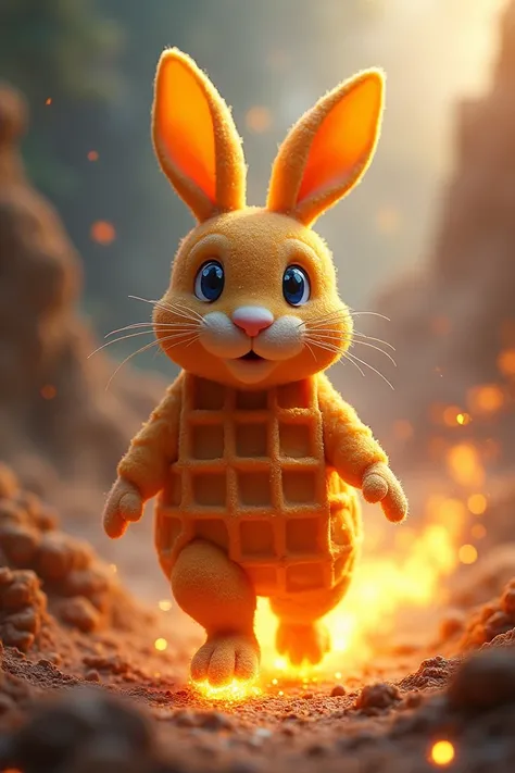 Rabbit that is made entirely of waffle and that when walking it leaves a whole trail of fire 