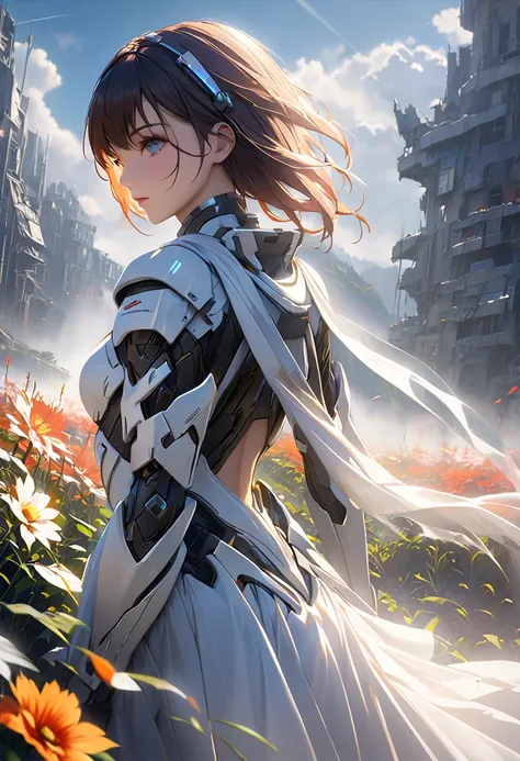 In a destroyed city of the future、Medium shot photo of a sexy female cyborg in damaged and discoloured futuristic armour,  fantasy,  sci-fi,  beautiful female face,  enchanting, Sexual,  mist, 鮮やかで enchanting目, dramatic,  Top Quality Masterpieces,  photore...