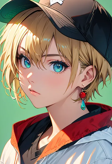 Tetsuya Nomura,  Masterpiece,  top quality,  1 girl,   Aqua Eyes,  baseball cap that eats a shape,   blond hair,  closed her mouth,  earrings,  Green background,  gradation shirt that Furakana has , hoop  earrings,   jewelry,  and stare at the viewer,  shi...