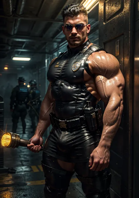 An ultra-realistic, cinematic masterpiece featuring two exceptionally ((muscular bodybuilder 1.0)) and powerful male police officers with intense, masculine energy)(1.0)). The primary officer has a strikingly chiseled face with a strong jawline, a wavy sho...