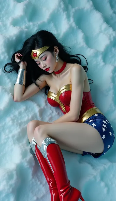 In a frozen storage room, (an Asian woman is sleeping on an ice bed, eye closed, a thin layer of cold cream covering the whole body), Japanese, beautiful, young, in full classic Wonder Woman costume, red knee high boots, red leather collar, silver bracelet...