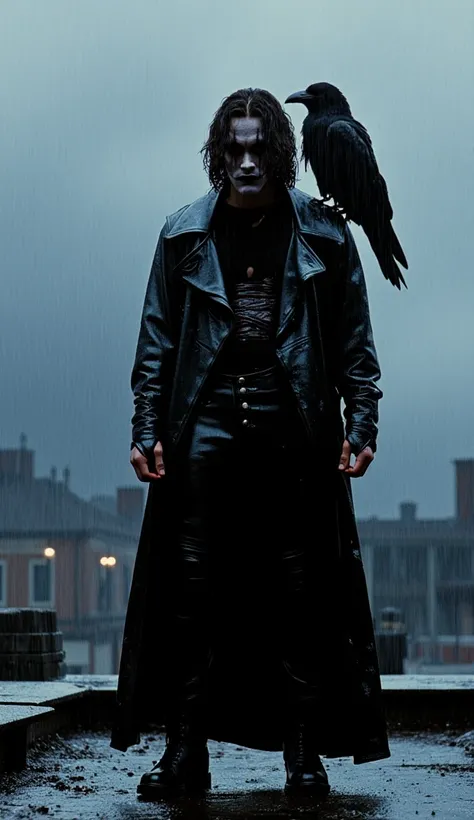  the character "The Crow".  A hyper-realistic cinematic image of The Crow , Brandon Lee, Eric Draven , hyper realistic, High detailed, on the roof, rainy day , a Crow on his shoulder 