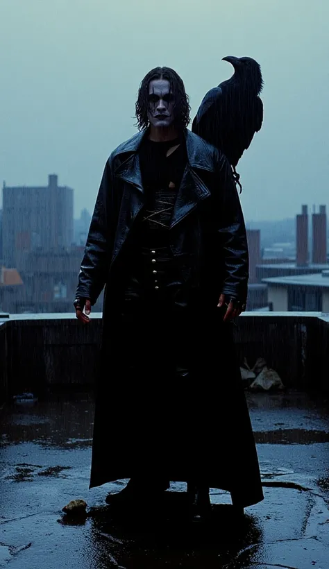  the character "The Crow".  A hyper-realistic cinematic image of The Crow , Brandon Lee, Eric Draven , hyper realistic, High detailed, on the roof, rainy day , a Crow on his shoulder 