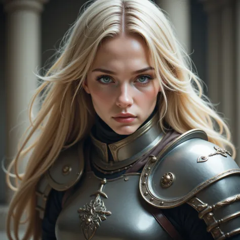 High resolution, masterpiece, photorealistic, a full armored 17-year-old female with blonde long hair, blue eyes, round shape face, gentle look wearing a shiny medieval armour is fighting with suspicious expression.