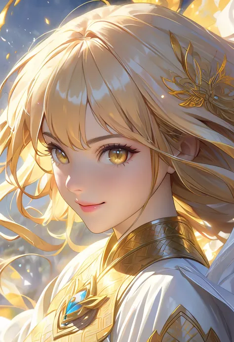 close-up head ,  sitting facing the camera , realistic digital painting portrait of a female human, 3r1nm0r1art72,  cute smile, ( wave hair:1.1), (  blond hair:1.3), Magical yellow universe, yellow engraving with an intricate pattern on white magic cloth a...