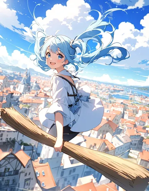  beautiful girl with long light blue hair and twin tails,  flying through the sky on a broom、smile、White clouds in a beautiful blue sky 、 European cityscape、 beautiful sea