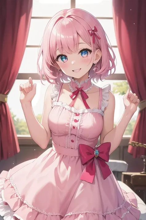 Top quality, high resolution, detailed, beautiful image quality, one girl, cute dress with frills, pale pink dress, short hair, big red ribbon in hair, big sparkling eyes, smiling face, lolicon feel, younger sister, pink as main color design, overall sweet...