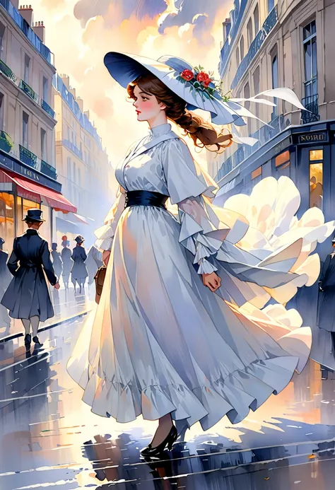 Paris , Storm scene, Edwardian Woman in White, watercolor  