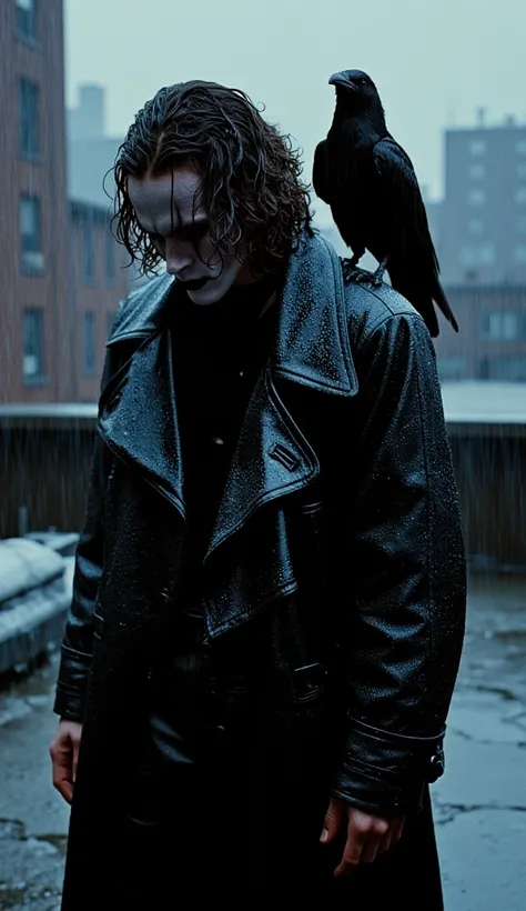  the character "The Crow".  A hyper-realistic cinematic image of The Crow , Brandon Lee, Eric Draven , hyper realistic, High detailed, on the roof, rainy day, a Crow on his shoulder 