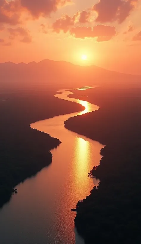 A river meandering through a vast landscape ,  flowing towards the horizon where the sea .  The sky is orange and pink during sunset , Reflecting in the calm waters of the river.  The scene conveys a feeling of desire and connection ,  is found with the ri...