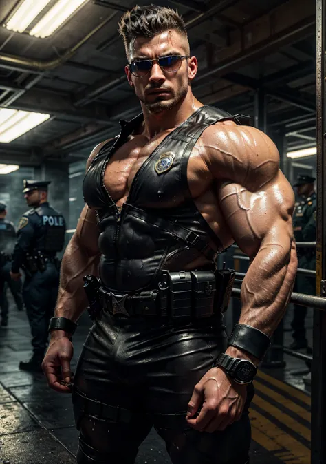 An ultra-realistic, cinematic masterpiece featuring two exceptionally ((muscular bodybuilder 1.0)) and powerful male police officers with intense, masculine energy)(1.0)). The primary officer has a strikingly chiseled face with a strong jawline, a wavy sho...