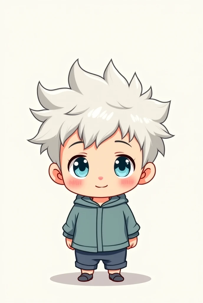  Boy with white hair and blue eyes in simple clothing. Anime-style cartoon Chibi 