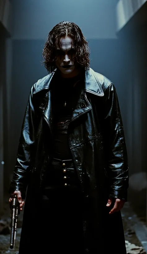  the character "The Crow".  A hyper-realistic cinematic image of The Crow , Brandon Lee, Eric Draven , hyper realistic, High detailed, With a gun pointed to enemy