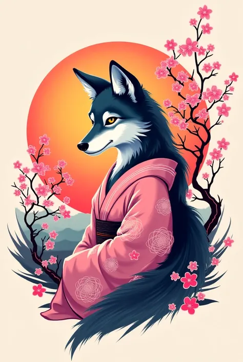 Design me a logo write LUDIVINE police ninja naruto  , Of a female wolf in a pink kimono with a sunset and a Japanese cherry tree 