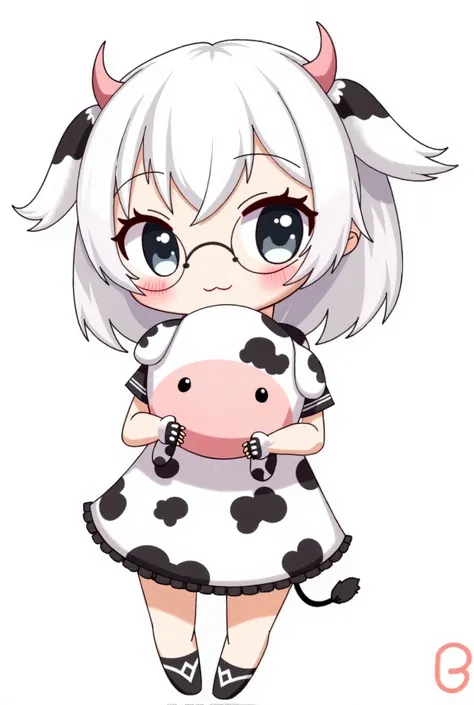 Make a video game-style drawing of a girl with white skin, white hair with black locks, round glasses, big black eyes and a cute face, cow clothes, gloves and stockings and a plush cow in her hands. 