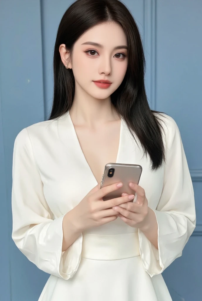 Professional close-up portrait photography of a beautiful Asian girl wearing white Vietnamese long dress, she holding an iphone 16 , simple light blue background