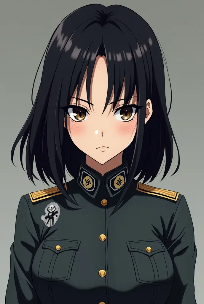 Draw a girl with black hair and light brown eyes dressed in a Nazi officer's uniform. without smiling.  anime-style. 