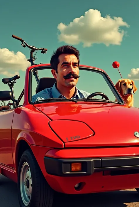 A red car. In front of the car a bike and behind a dog in the car a man with a mustache 