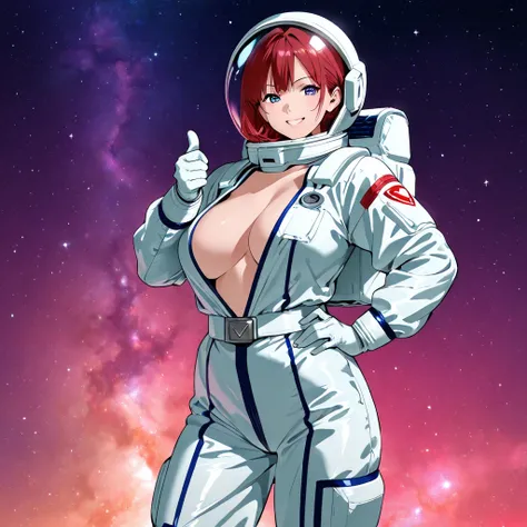 anime woman art on a bright cosmic background in a spacesuit, with big partially naked tits and thongs, shows thumbs up
