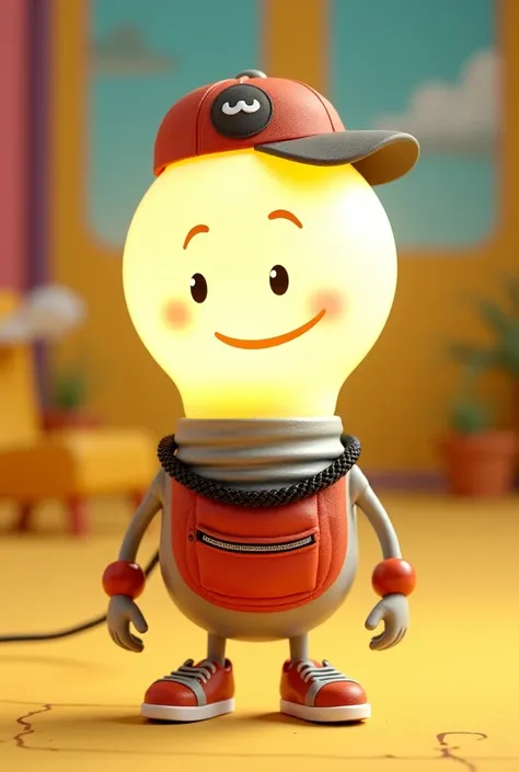  An animated light bulb with a fanny pack, cap and a black chain necklace  