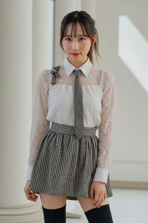 Goto Nobu 　woman　 ponytail　 Beige Scrunch 　 kind smile　clerk　 Light Gray Plaid Office Uniform　Highest　 white shirt　 tight skirt　Magazine Gravure　Dimples　Long round face　 pink lips　pale redness　 A Woman with a Slightly Small Mouth 　  light brown hair　 Smoot...