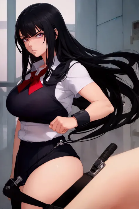 a sexy  girl, muscular, aggressive, tall, dominant bully with medium breasts, large buttocks, in a school uniform, cold and intimidating gaze, hates the camera, (best quality,4k,8k,highres,masterpiece:1.2),ultra-detailed,(anime,photorealistic,photo-anime:1...