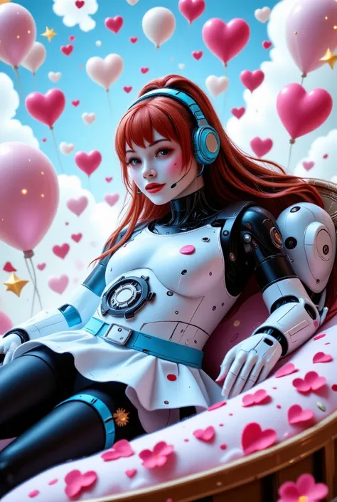 a fantasy land full of valentine hearts, a seductive curvy anime robot scantily clad woman with grayish white robot skin, medium breasts, she is lying down on a heart shaped bed, ((pink cheek dots 1.3)), big smile, long red hair with a single side ponytail...