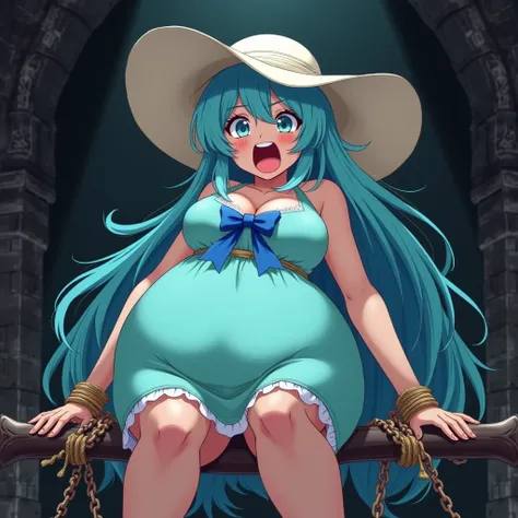 Anime obese busty girl with long sky blue waterfall hair wearing big white sun hat aquamarine halter dress blue bowtie ribbon screaming crying arms and legs tied by rope and chains laying on rack begging for mercy in dungeon