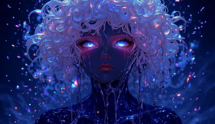 In this hyper-detailed 80s anime aesthetic, a close-up portrait reveals a stunning woman with ethereal, curly white hair cascading around her face. Her neon pastel eyes glow vividly, creating a stark contrast against the melting black marble that flows ele...