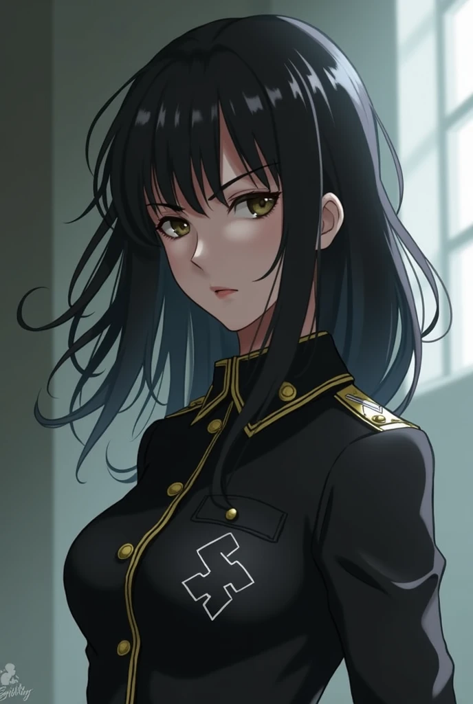 Draw a girl with black hair, light brown eyes, and long hair dressed in a Nazi officer's uniform. without smiling.  anime-style. with a rifle .