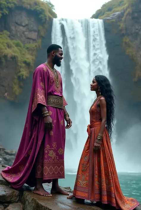  black man, high, strong, Young, beautiful,  dressed in a red and gold tunic ,  on top of the rocks next to a waterfall, smiling at a black woman , dressed in a magenta and gold tunic,   walking towards this man  