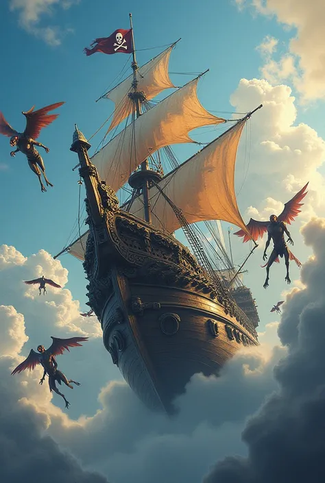 Pirate ship flying with monsters