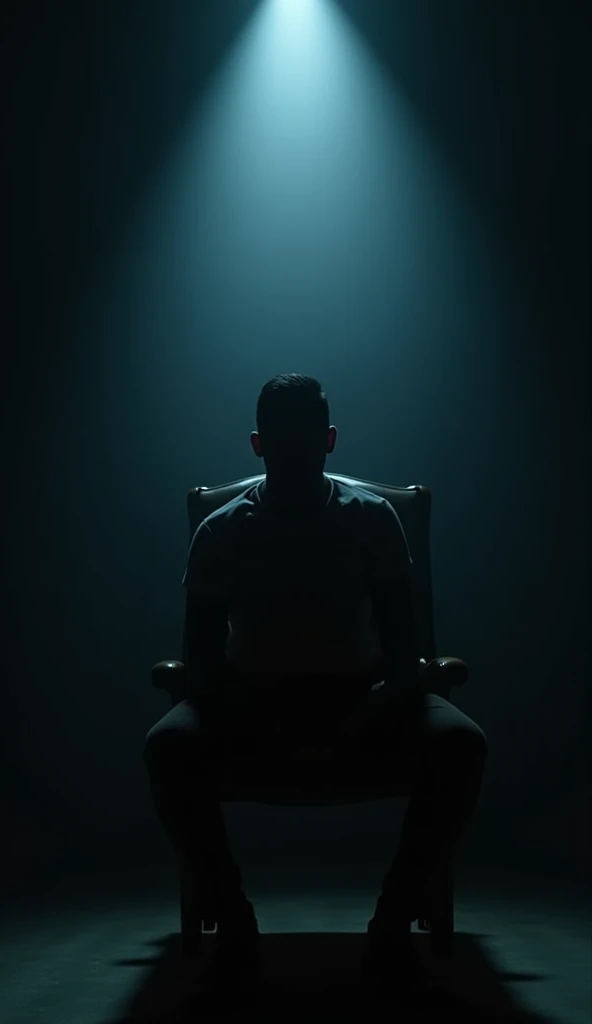 A figure in a dark room ,  illuminated only by a faint light ,  rising from a chair with a determined look .  The image should reflect the inner strength of not giving up even when everything seems lost.