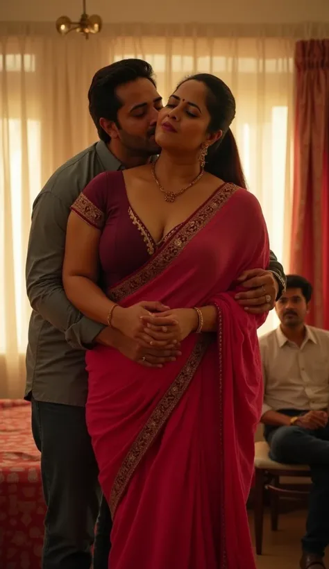 Front view , full body image of a 25 year old plus sized hourglass figured Telugu anchor syamala standing in office, side view, embroidered light red colour  linen body tight saree and meroon  colour  deep neck cleavage blouse, very big breasts a 60 year o...