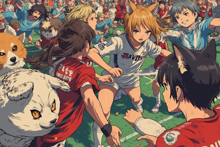 (Battle Royale) (rival High schools soccer game) (anime influence) Intense soccer game ( kawaii Cat girl team logo 'Ravens') are playing soccer against (dog boys (beast like dog heads), 'Boners' logo), intense action, fans and claws bared, Battle Royale on...